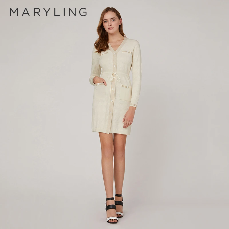 MARYLING玛俪琳秋季时尚气质长袖提花抽绳收腰连衣裙A1CAW04200