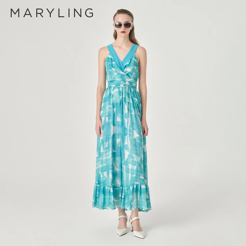 MARYLING 玛俪琳2024夏季新品V领无袖荷叶边印花连衣裙A1ECW63920