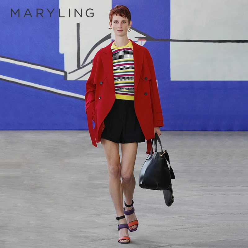 MARYLING玛俪琳冬季复古优雅绯红色宽松风衣式大衣外套A1CAW14120