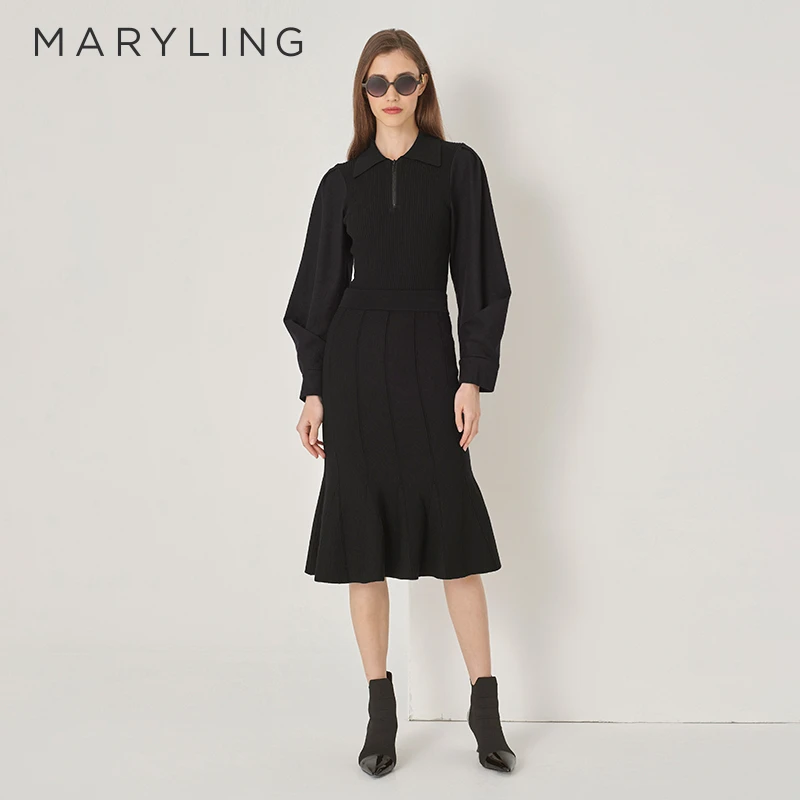MARYLING玛俪秋季时尚优雅黑色袖子大褶裥羊毛针织上衣A1DGW26260