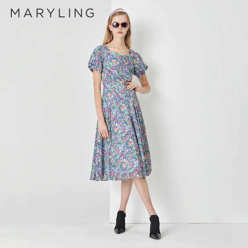 MARYLING玛俪琳春夏新品清新甜美碎花女士方形领连衣裙A1DCW62300