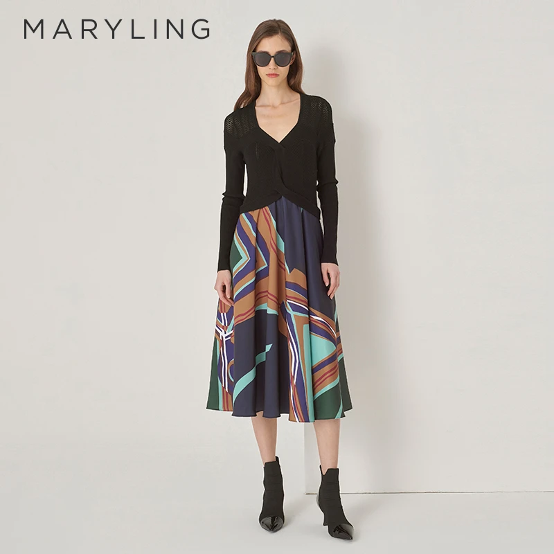 MARYLING玛俪琳秋复古优雅U型镂空领口针梭印花连衣裙A1DGW62200