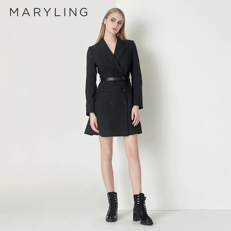 MARYLING秋季黑色双排扣修身荷叶下摆西装式连衣裙女A1CFW61430