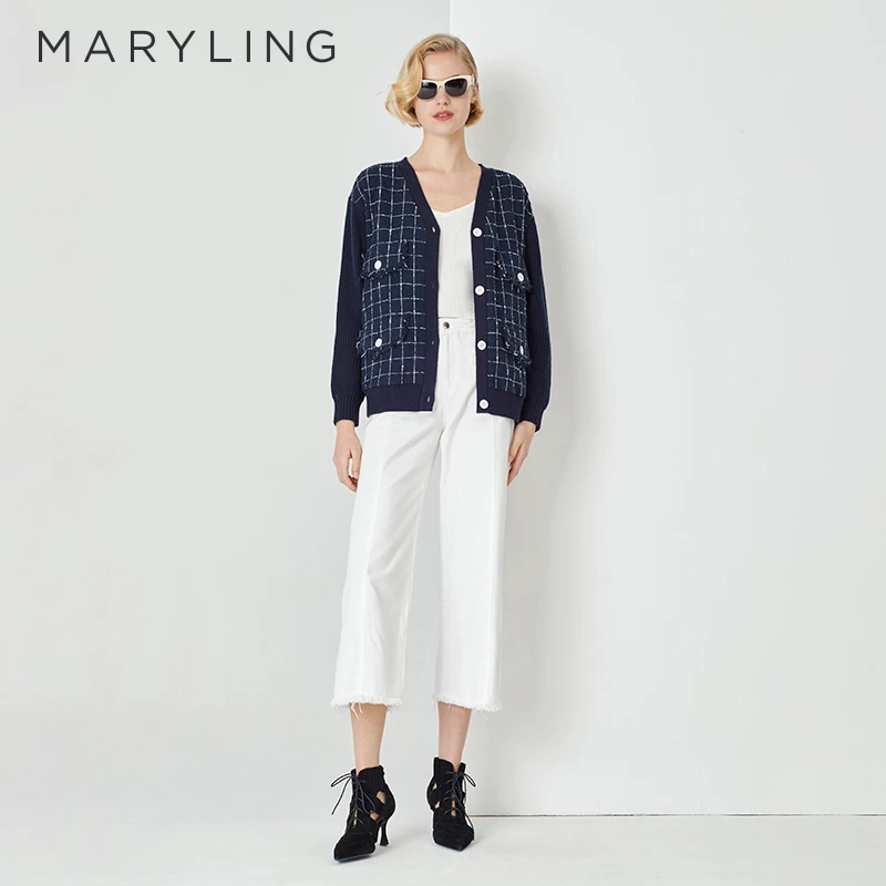 MARYLING玛俪琳设计师春季蓝底白格纹针织V领宽松开衫A1DAW14090