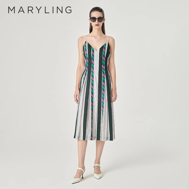 MARYLING玛俪琳24春季新品白底细灰条纹时尚吊带连衣裙A1EBW63220
