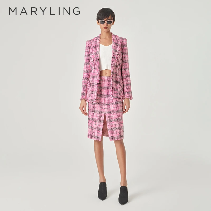 MARYLING玛俪琳2024初春新品时髦复古简约格纹西装外套A1EAW14080