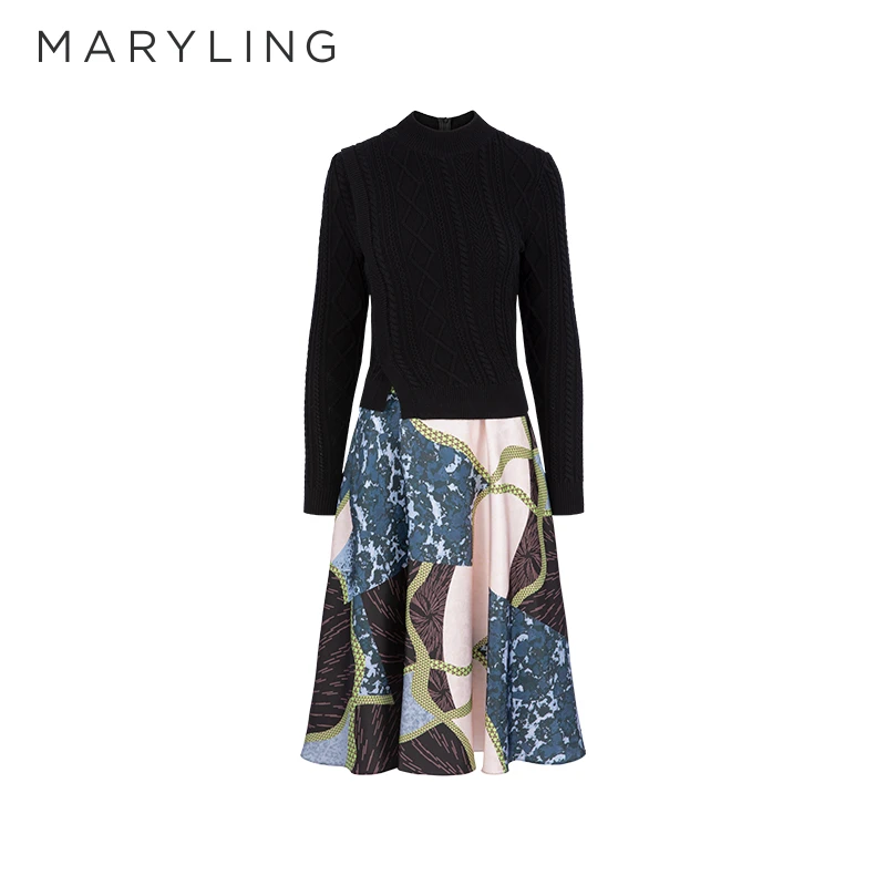 MARYLING玛俪琳冬季时尚黑色毛织拼接印花连衣裙A1DHW62860