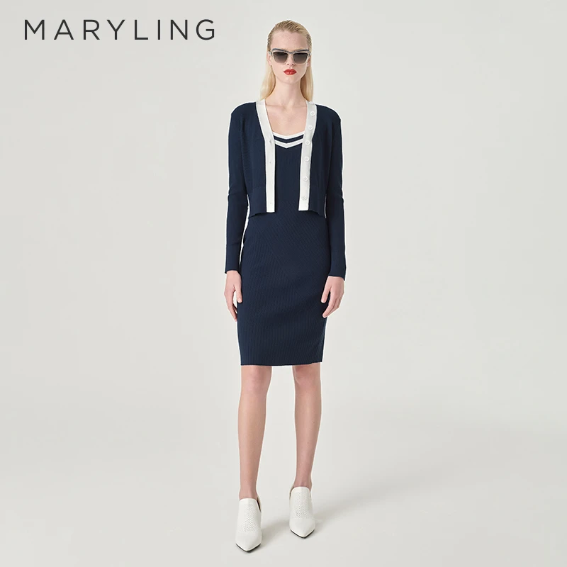 MARYLING玛俪琳2024春季新品日常通勤深蓝收腰针织开衫A1EBW09090