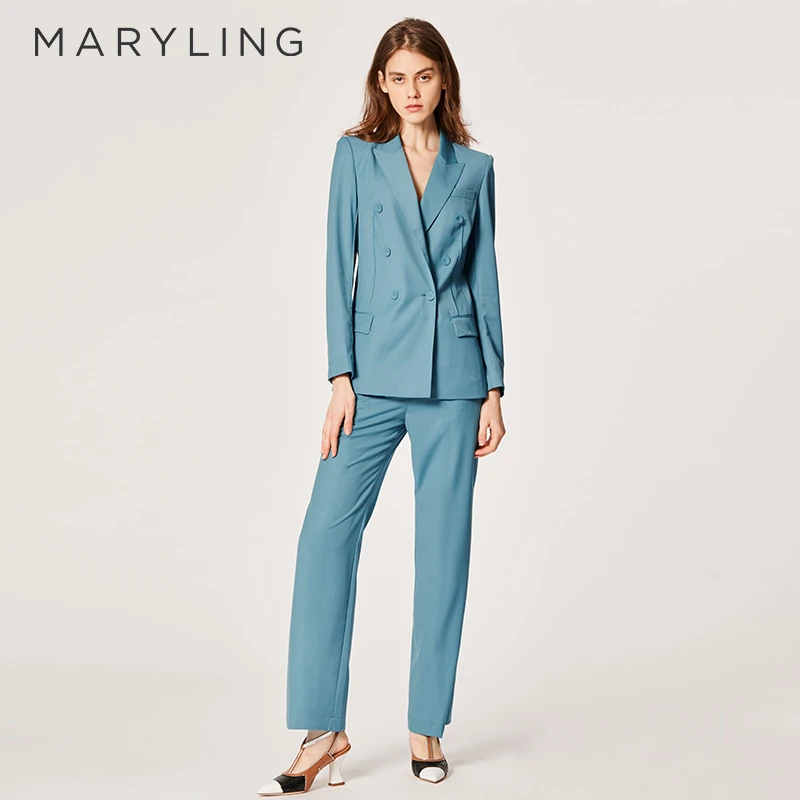 MARYLING玛俪琳设计师时尚通勤蓝色双排扣长袖西装外套A1BC10240
