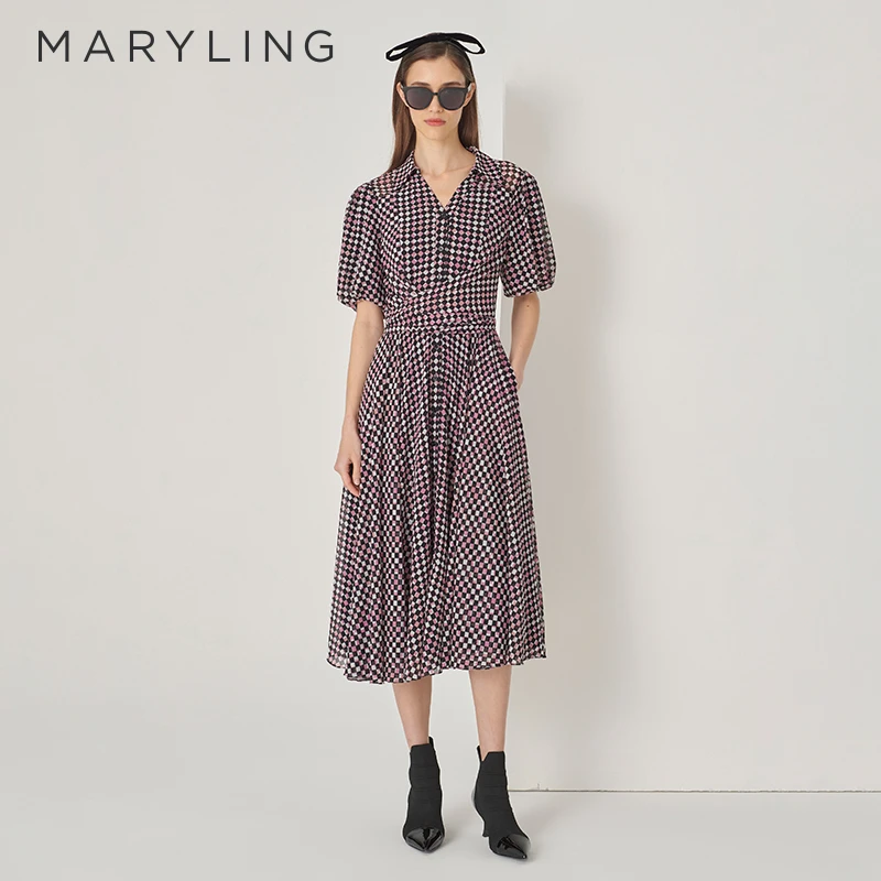 MARYLING玛俪琳初秋新品时尚气质衬衣领乔其印花连衣裙A1DFW61610