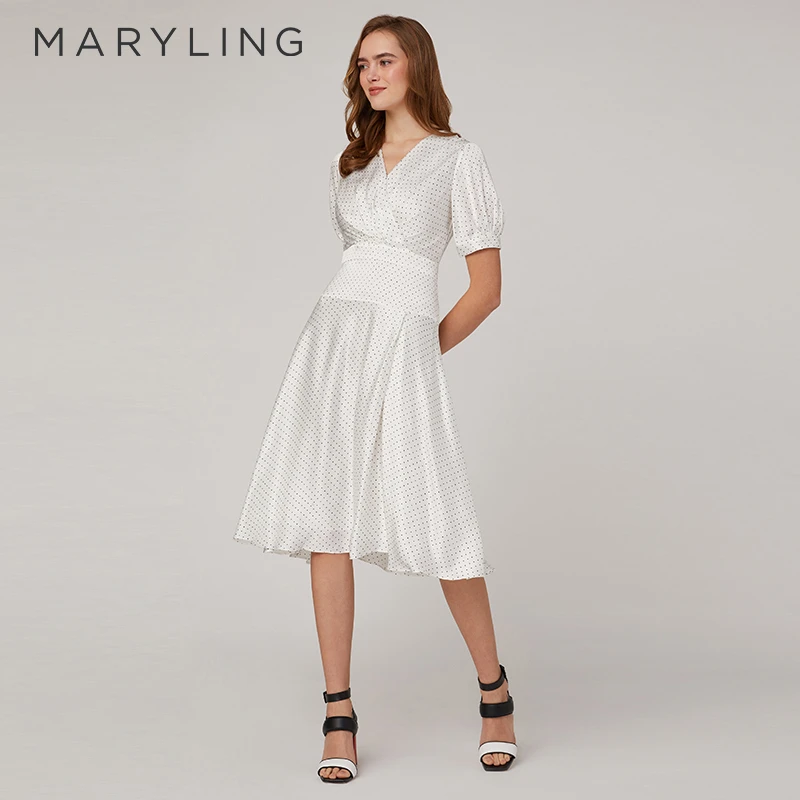 MARYLING玛俪琳夏季奶白时尚波尔卡圆点泡泡袖连衣裙A1CCW63250