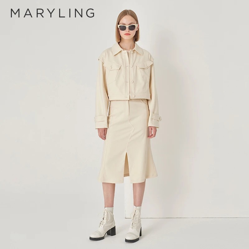 MARYLING玛俪琳初秋新品休闲百搭米白色斜口袋短款外套A1DGW14260