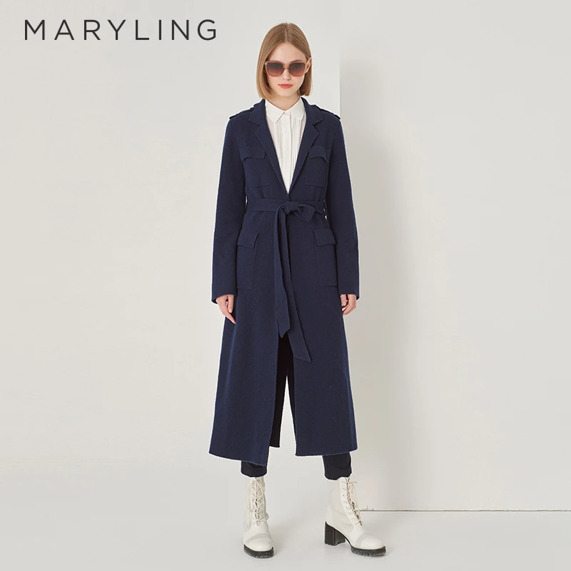 MARYLING玛俪琳冬季休闲百搭深蓝色长款系带针织外套A1DHW08630