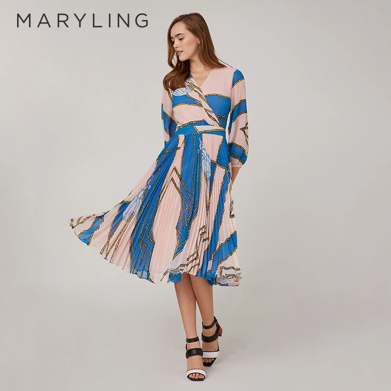MARYLING玛俪琳时尚粉蓝色夏日气质航海v领百褶连衣裙A1CBW61620