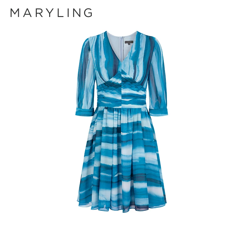 MARYLING玛俪琳夏季优雅渐变蓝色海浪印花深V领连衣裙A1DDW62960