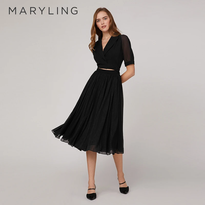 MARYLING玛俪琳夏季时尚黑色经典西装领连衣裙小黑裙A1CDW63900