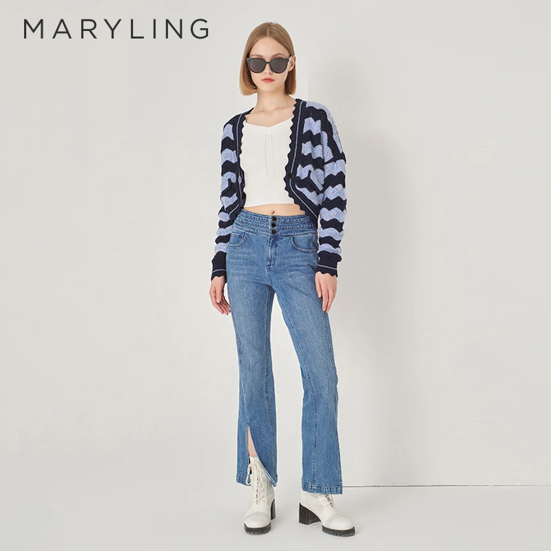 MARYLING玛俪琳秋季日常休闲蓝色波浪针织羊毛短开衫A1DGW08760
