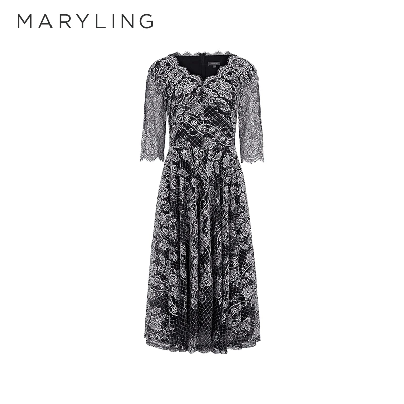 MARYLING玛俪琳复古时尚气质黑白气质V领显瘦V领连衣裙A1BA67110