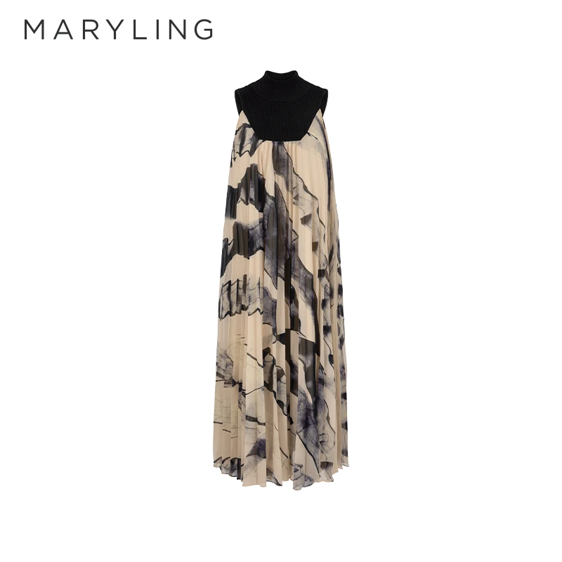 MARYLING玛俪琳2024初秋新品知性灰杏水墨画印花连衣裙A1EFW61970