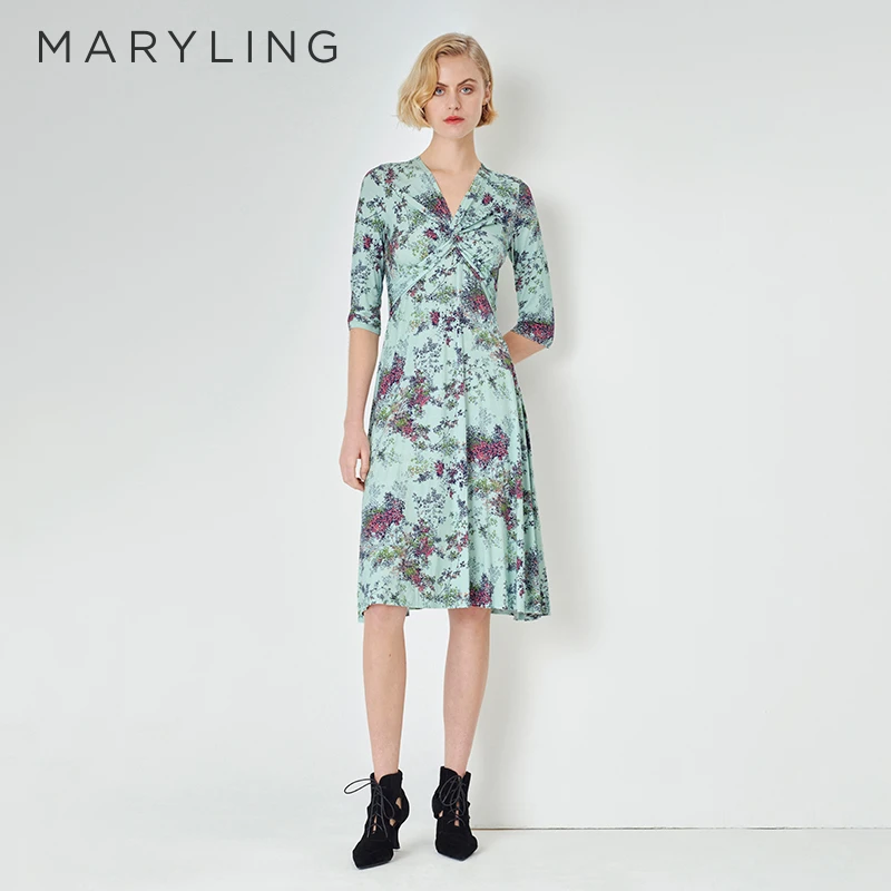MARYLING玛俪琳初夏新品女士弹力小碎花印花V领连衣裙A1DCW62650