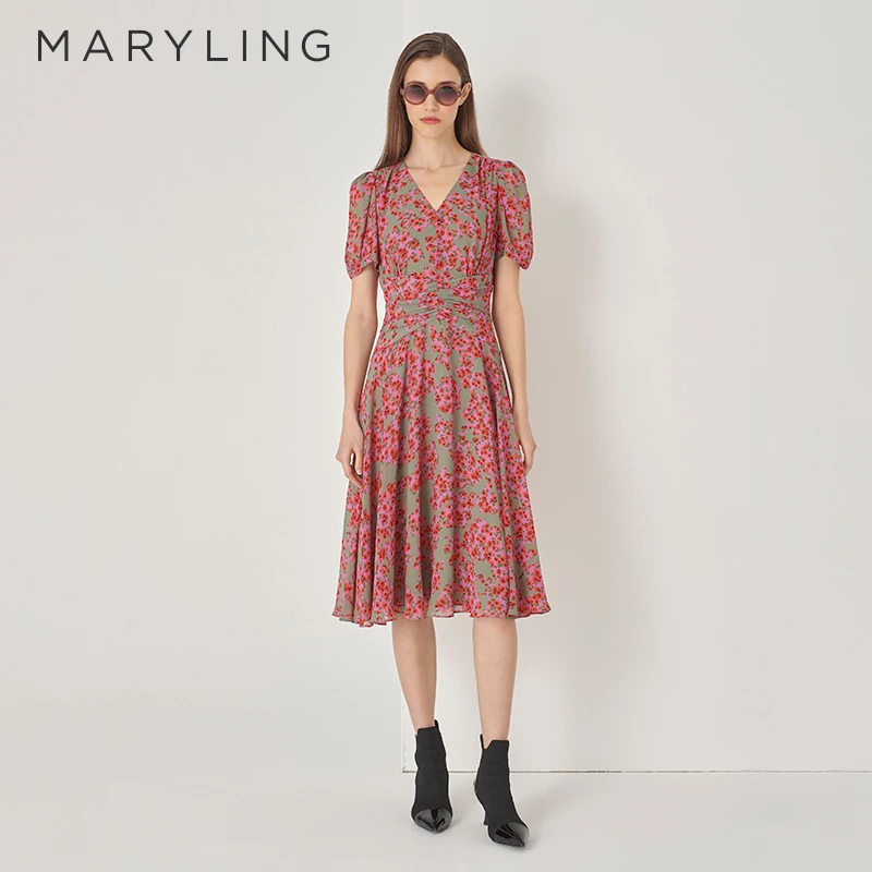 MARYLING玛俪琳初秋新品气质时尚短袖V领收腰A字连衣裙A1DFW61470
