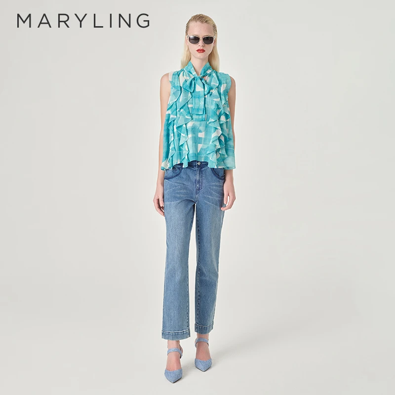 MARYLING 玛俪琳2024夏季V领绑带蝴蝶结印花荷叶边上衣A1ECW28200