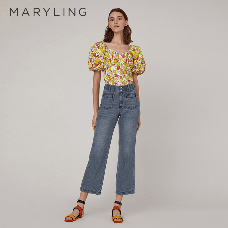 MARYLING 玛俪琳设计师枫叶黄褶皱泡泡袖修身显瘦上衣A1CCW26430