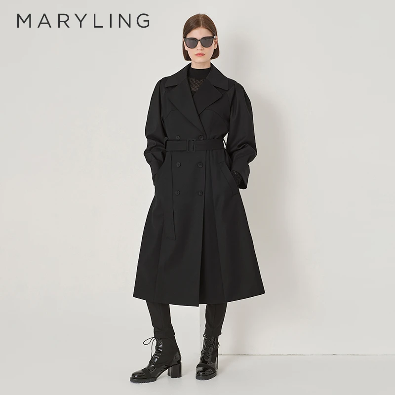 MARYLING玛俪琳初秋新品时尚气质黑色宽松系带风衣外套A1DGW17030