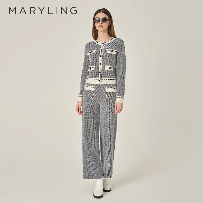 MARYLING玛俪琳2024秋季新品休闲黑白撞色针织长裤女A1EGW06540