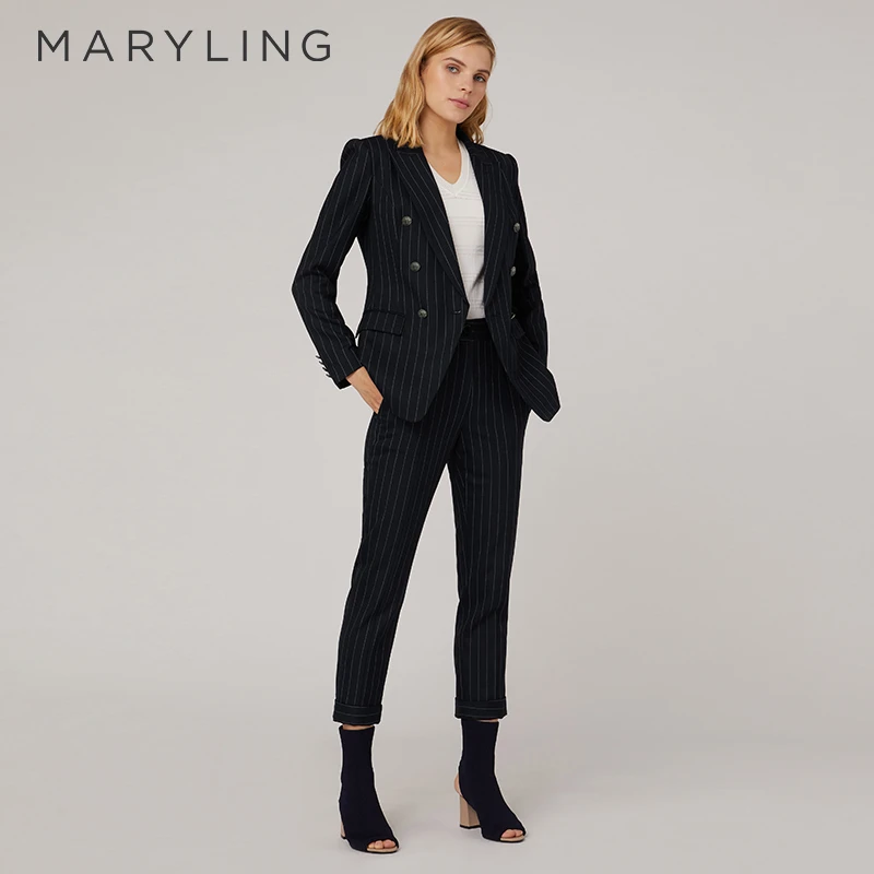 MARYLING玛俪琳春季时尚简约条纹西装裤九分小脚长裤A1CBW51160