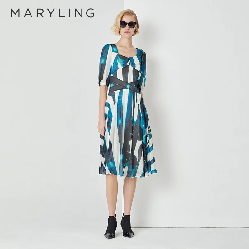 MARYLING玛俪琳春季优雅艺术印花V领五分袖A字连衣裙A1DBW62140