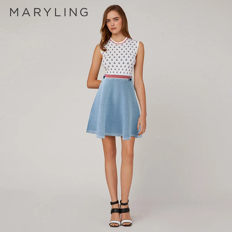 MARYLING玛俪琳夏季时尚优雅航海风圆领收腰A字连衣裙A1CCW04410