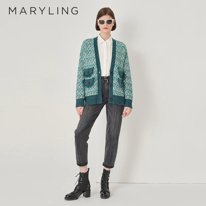 MARYLING玛俪琳冬季香草绿深V领宽松四口袋针织开衫A1DHW08890
