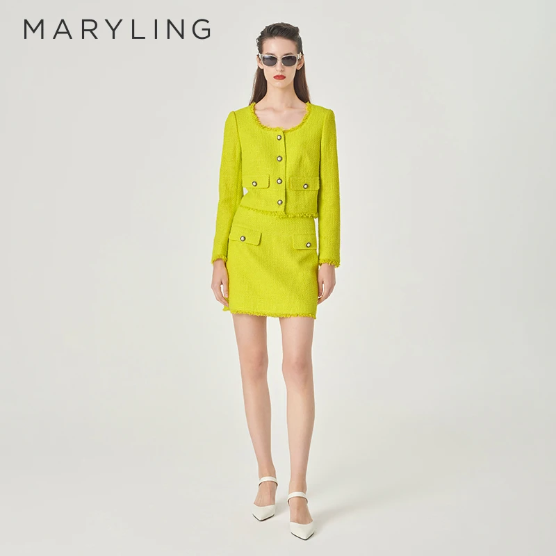 MARYLING玛俪琳2024初春新品粗花呢圆领流苏短款外套A1EAW14030