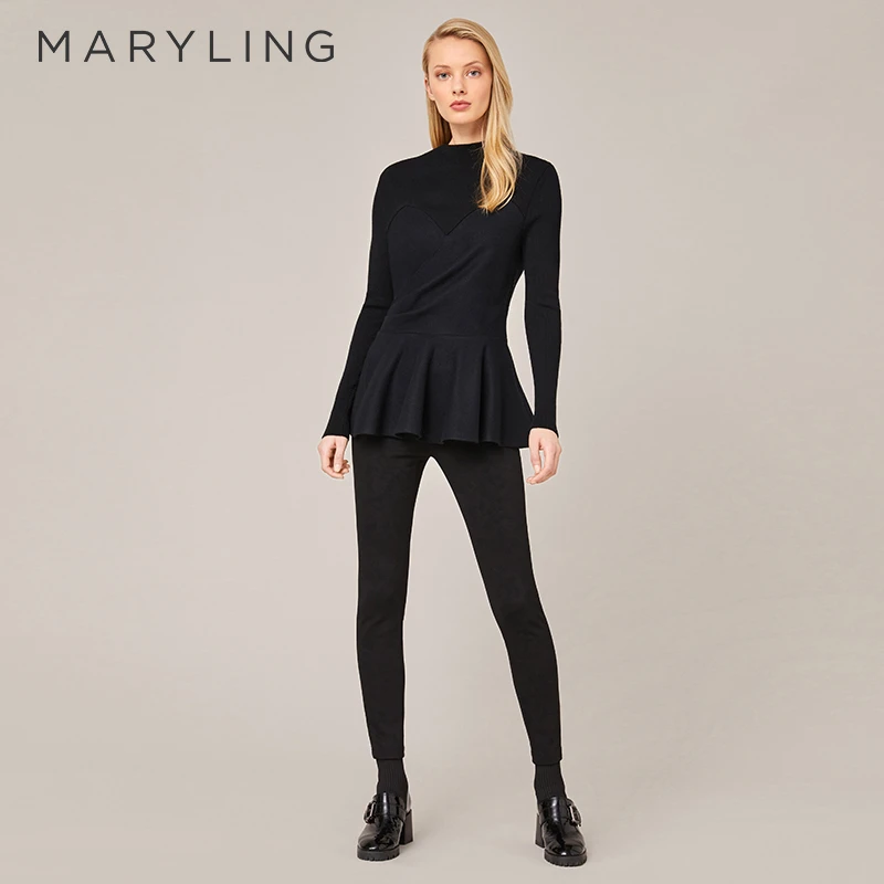 MARYLING玛俪琳冬季黑色高领收腰A字针梭气质上衣A1BHW26250