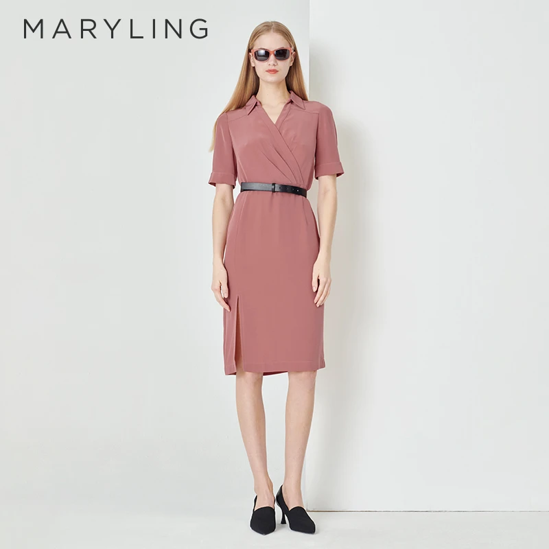 MARYLING玛俪琳夏季新品雾粉衬衣领捏褶直身开叉连衣裙A1DCW61980