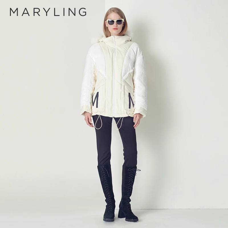 MARYLING玛俪琳冬季时尚简约米白色粗花呢女士羽绒服A1CHW98420