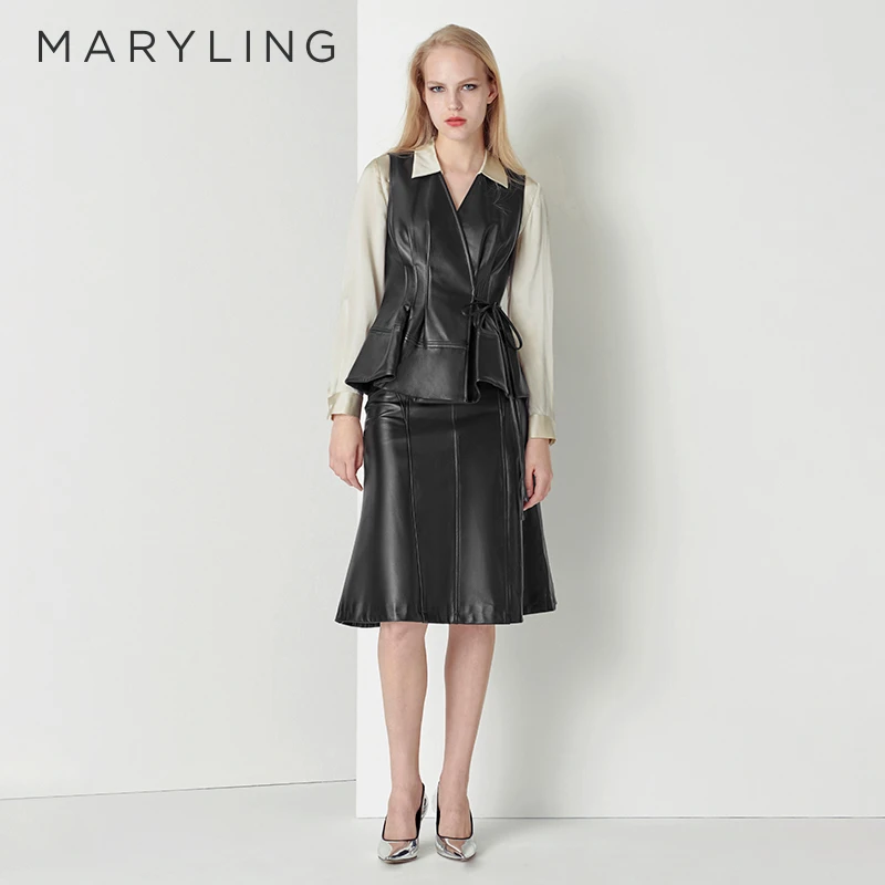 MARYLING玛俪琳秋季复古摩登时尚黑色小鱼尾羊皮半身裙A1CGW77010