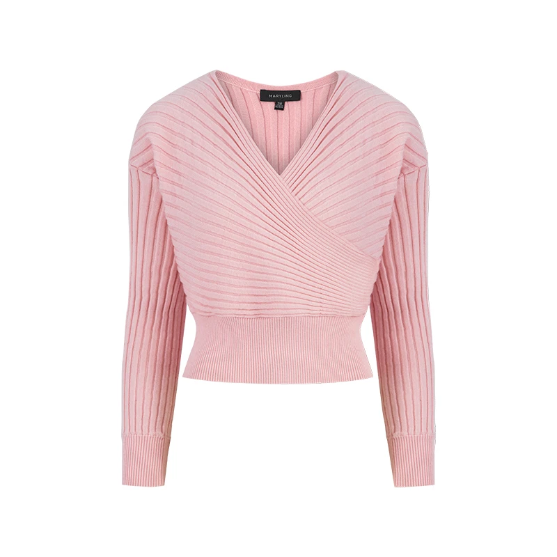 MARYLING玛俪琳春夏季樱花粉V领温柔针织长袖V领套头衫A1DAW03130