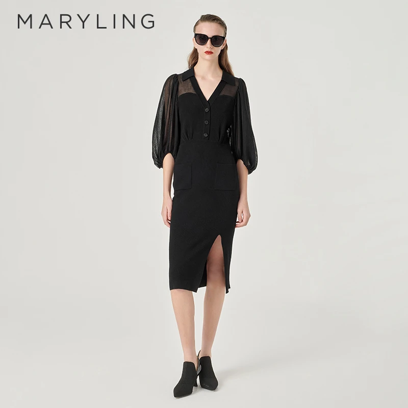 MARYLING玛俪琳2024春季新品优雅半袖黑色针织连衣裙A1EBW04100