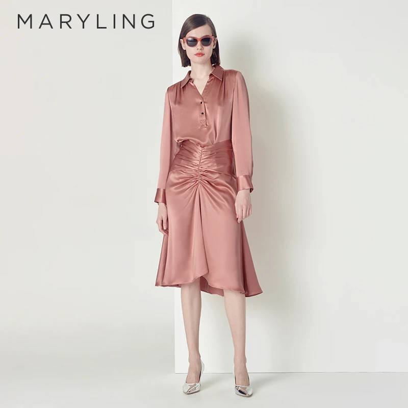 MARYLING玛俪琳秋季雾粉不规则时尚褶皱醋酸鱼尾半裙A1CFW72010