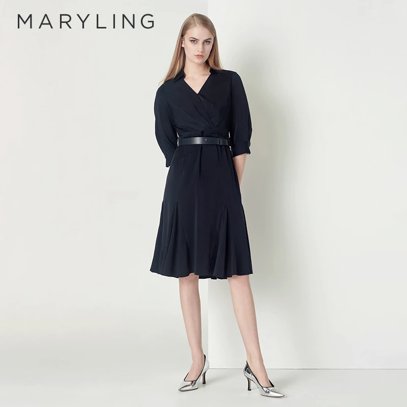 MARYLING玛俪琳秋深蓝色时尚通勤V型领下摆褶裥连衣裙A1CFW61660