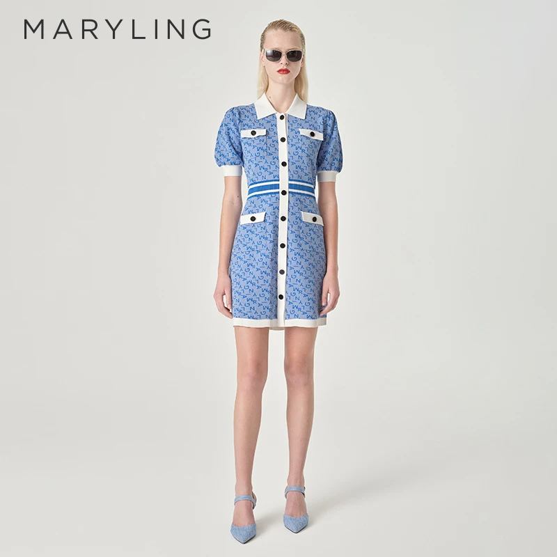 MARYLING玛俪琳024春新品蓝白提花T恤领收腰针织连衣裙A1EBW04780