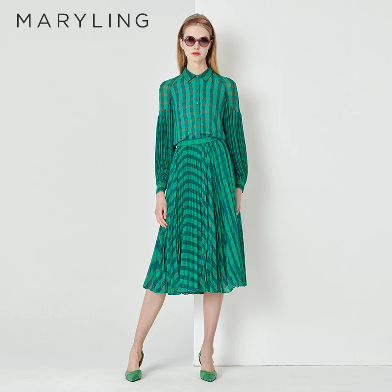 MARYLING玛俪琳春夏季蓝绿方格印花气质千鸟格百褶半裙A1DAW72020