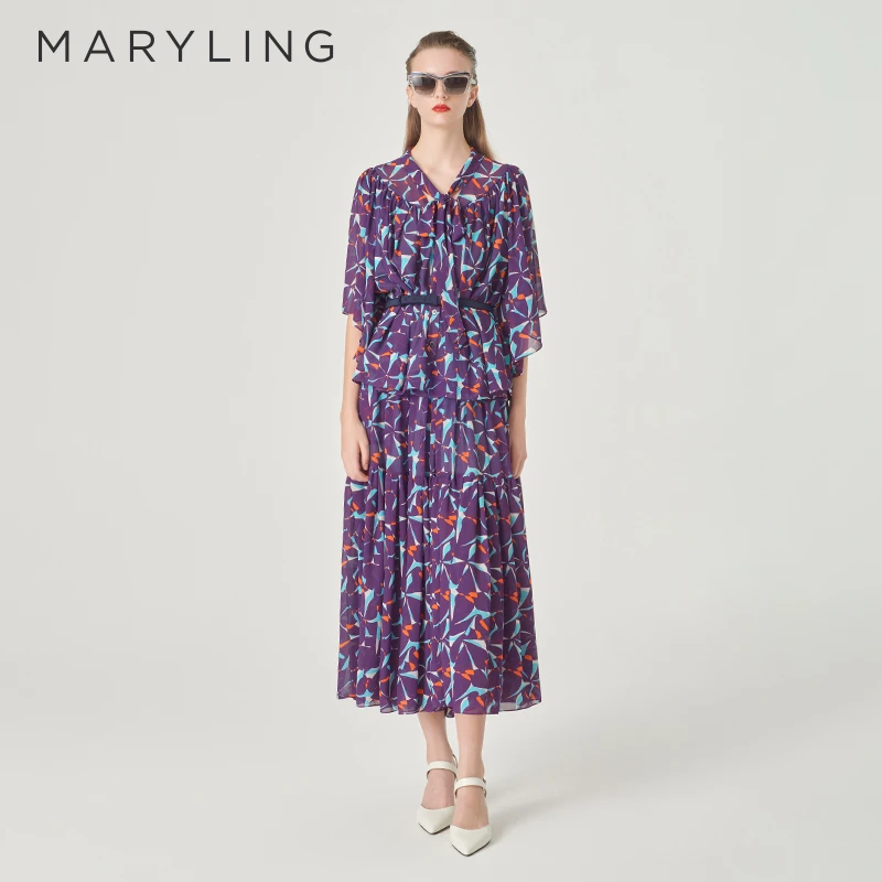 MARYLING玛俪琳2024春季新品领口飘带领紫荆花印花上衣A1EBW20520