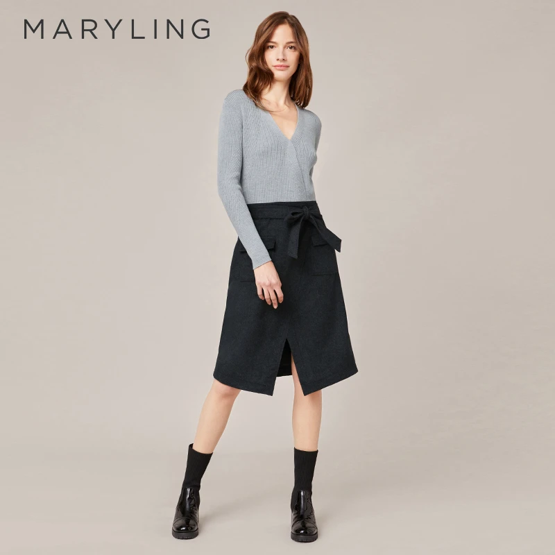 MARYLING玛俪琳设计师气质高端拼接收腰针织休闲连衣裙A1BGW66470