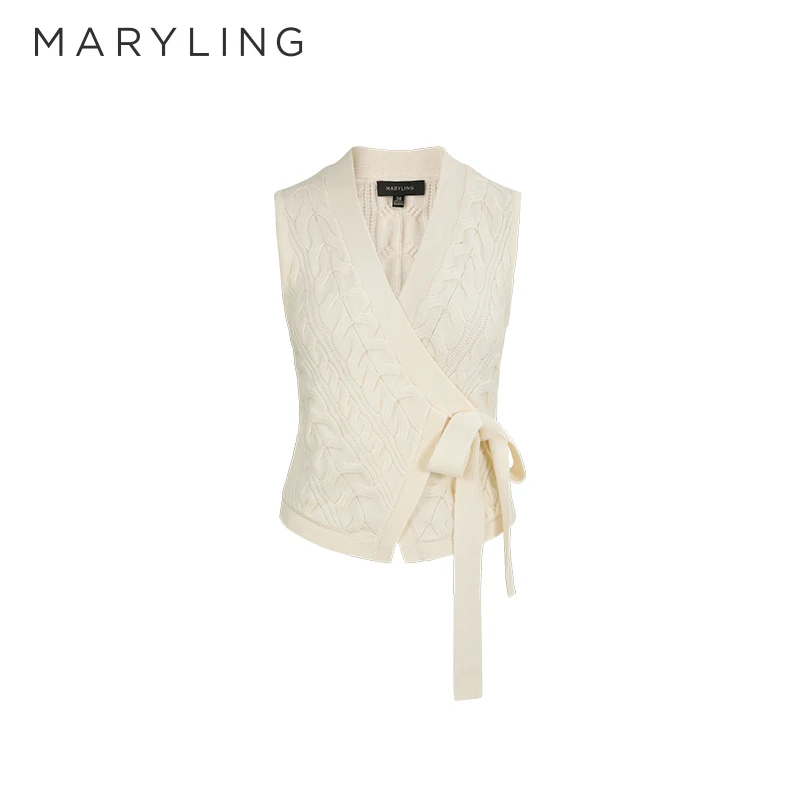 MARYLING玛俪琳秋季优雅米白色交叉绑带羊毛针织背心女A1DGW07550