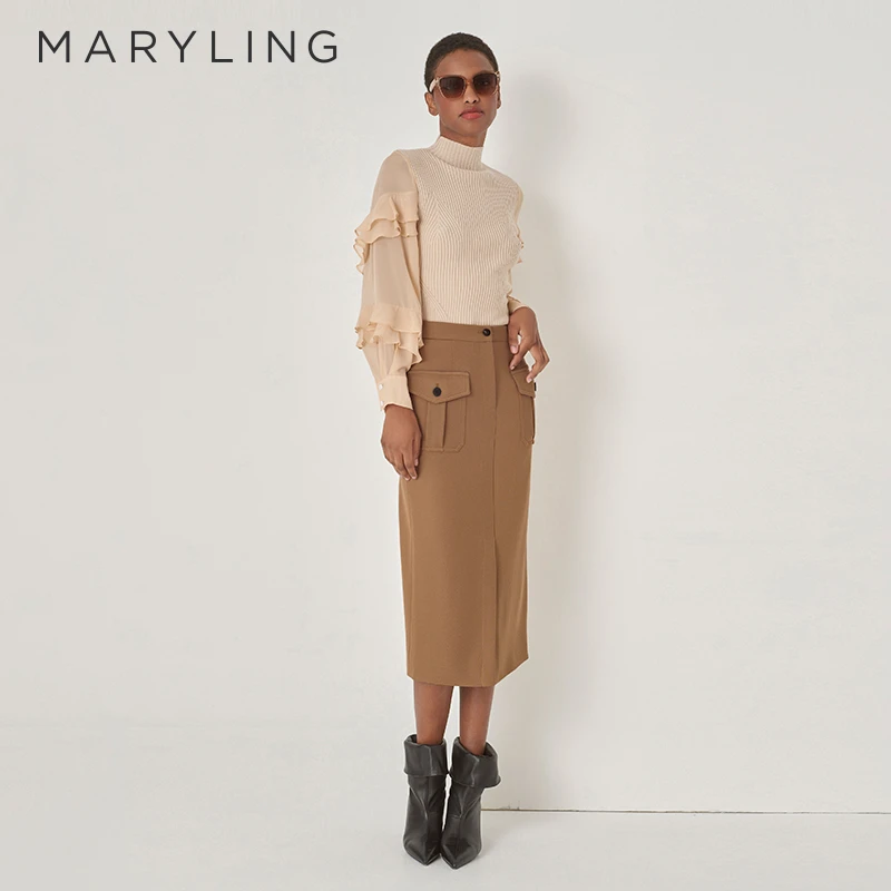 MARYLING玛俪琳初秋沙色军工风设计前中开叉半身裙女A1DGW72270