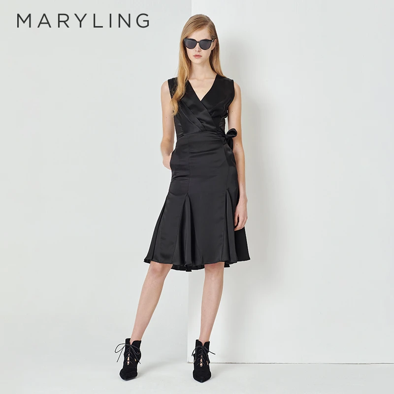 MARYLING玛俪琳夏季优雅性感黑色V领无袖鱼尾A字连衣裙A1DDW67030