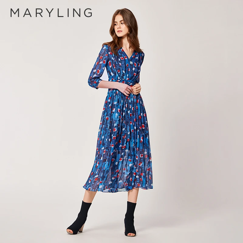 MARYLING玛俪琳春秋气质幻彩冰纹印花V领A字裙摆连衣裙A1BC66090